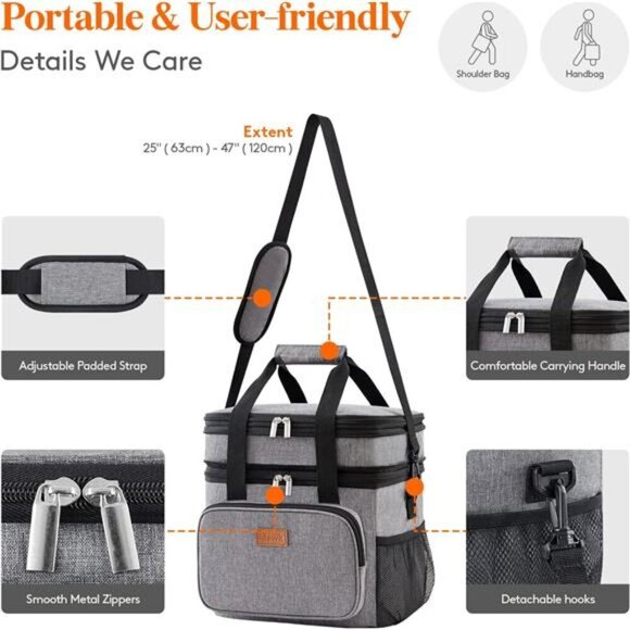 Lunch Box for Men Women Double Deck Lunch Bag, Large Insulated Soft Cooler Bag - Picture 6 of 7